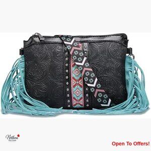 PU Leather Crossbody Handbag with Fringe Tassel, Adjustable Strap Wristlet